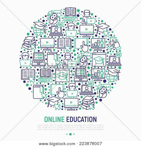 Online education concept in circle with thin line icons: online course, webinar, e-book, video conference, home studying, wise owl in graduation cup. Modern vector illustration for school web page.
