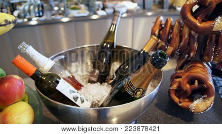 BERLIN, GERMANY - JAN 17th, 2015: Food buffet at the Business lounge at the Berlin Tegel international airport.