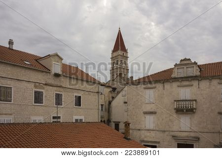 Trogir, Croatia - August 12 2017: Buildings In Trogir Old Town, With St.lawrence Bell Tower In The B