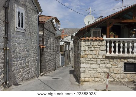 Trogir, Croatia - August 12 2017: Traditional Ancient Houses In Trogir City Center, Croatia.