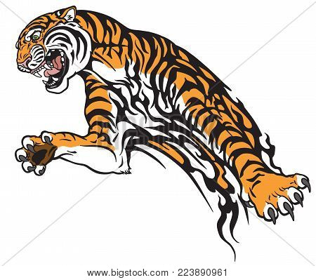 Tiger In The Jump. Aggressive Big Cat . Tattoo Style Vector Illustration