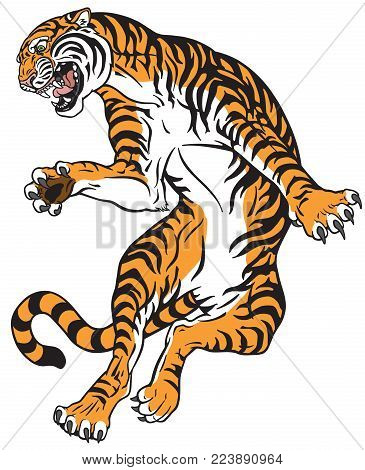 Angry Tiger In The Jump. Tattoo Style Vector Illustration