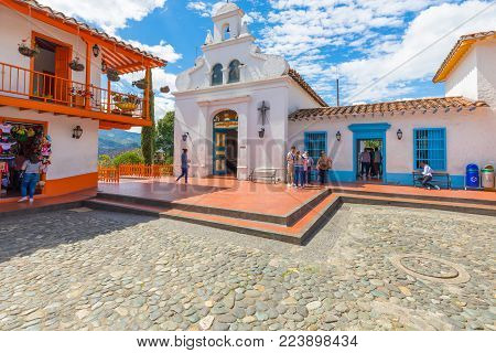January 2018 Medellin This is the church of Our Lady of Candelaria in Medellin built on a hill in Paisa Village and known for its colonial white facade.