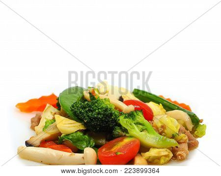 (Close up) Carrots, broccoli , tomatoes , Fried Vegetables , Vegetarian menu.