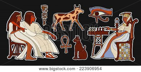 Egyptian gods and pharaohs stickers, patches in cartoon 80s-90s comic style. Fashion patch Ancient egypt. Pharaoh, scarab, ankh, cat, chess