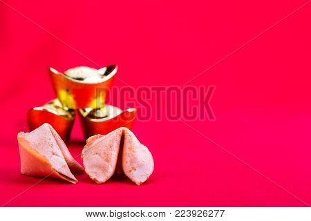 Fortune Cookies, Decorative Gold Nuggets, Plum Blossom Flowres Red Background