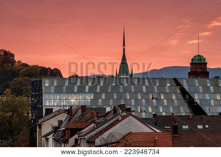 Sunrise over the new university library in Freiburg.  As an academic and research library, the University Library caters to students and staff of the University of Freiburg