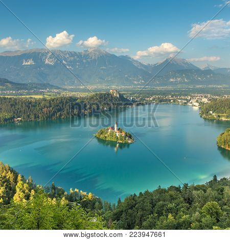 Panoramic view of Lake Bled from Mt. Osojnica, Slovenia.