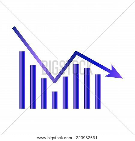 Business graph icon isolated on white background. Downside trend graph, bar chart image with arrow down. Vector illustration for banner, template, poster, postcard, web, app, infographics.