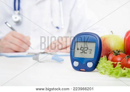 Diabetes at the doctor. Glucometer and vegetables concept. Hypoglycemia medicine care concept
