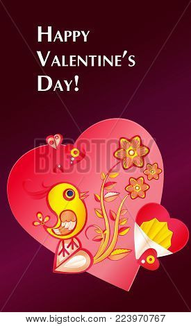 paperart valentine day illustration with chicken, flowers and heart. Greeting card, vector banner eps10