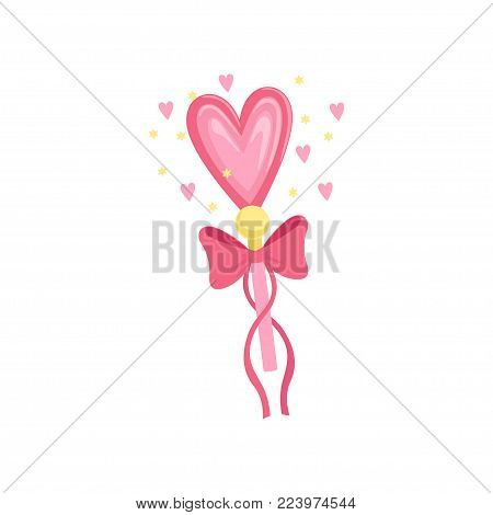 Cartoon illustration of wonderful fairy wand with pink heart and bow with ribbons. Stick with magical power spreading love. Graphic design element. Colorful flat vector isolated on white background.