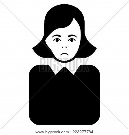 Sadly Bureaucrat Woman vector pictogram. Style is flat graphic black symbol with affliction feeling.
