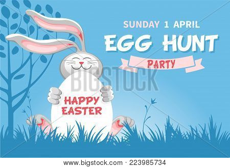 easter egg hunt invitation or flyer design with cheerful bunny which hold egg on blue background
