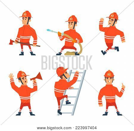 Fireman on the work. Different action poses cartoon fireman character, firefighter man in uniform, vector illustration