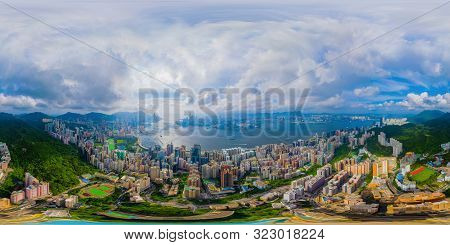 360 Panorama By 180 Degrees Angle Seamless Panorama View Of Aerial View Of Hong Kong Downtown. Finan