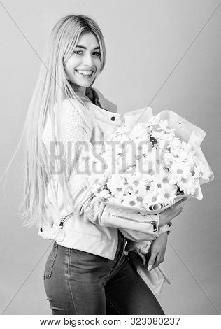 Birthday Mothers Day 8 March Or Any Other Occasion For Gift. Girl Tender Sensual Blonde Hold Chamomi