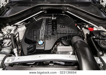 Novosibirsk, Russia - August 27, 2019:  Bmw X6,close Up Detail Of  Car Engine, Front View. Internal 