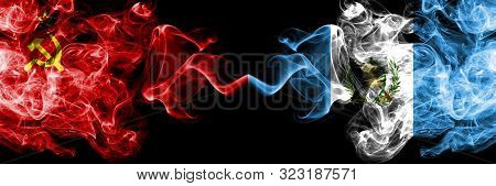 Communist Vs Guatemala, Guatemalan Abstract Smoky Mystic Flags Placed Side By Side. Thick Colored Si