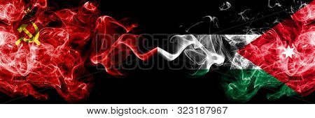 Communist Vs Jordan, Jordanian Abstract Smoky Mystic Flags Placed Side By Side. Thick Colored Silky 