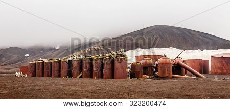 Abandoned Norwegian Whale Hunter Station Rusty Blubber Tanks Panorama At Deception Island, Antarctic