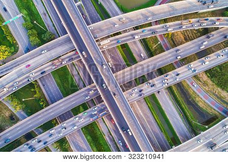 Aerial View Transport Junction Road Car Movement With Sunset Light