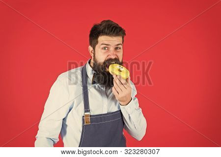 Diet And Healthy Food. Unhealthy Eating. Baker Eat Doughnut. Chef Man In Cafe. Calorie. Feel Hunger.