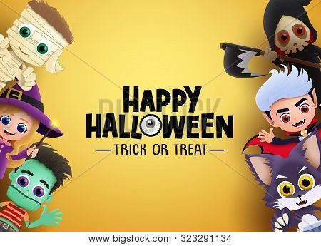 Happy Halloween Vector Banner Background. Halloween Characters And Trick Or Treat Greeting Text With