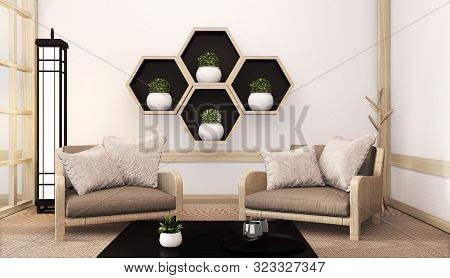 Idea Of Hexagon Shelf Wooden Design On Wall And Arm Chair Japanese Style On Tatami Mat.3D Rendering