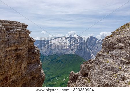 Beautiful View Of Marmolada Glasier And Pass Pordoi Valley From Piz Boe Mountain Peak. Italian Dolom