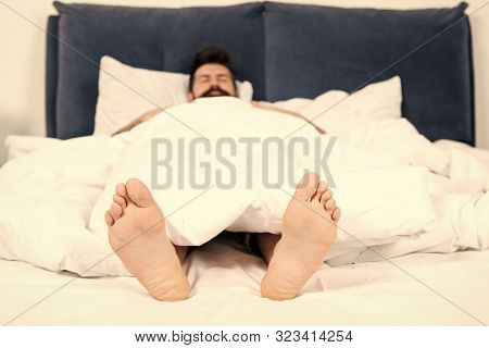 Male Pedicure. What A Great Morning. Sleepy Man In Bedroom. Man Sleep In Morning. Energy. Asleep And