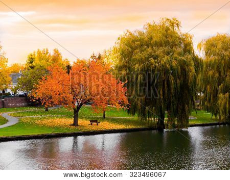 Beautiful City Park In Leerdam During Autumn Season, Seasonal Nature Background With Water