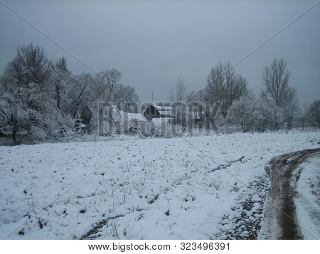 Muddy Dirt Road In An Old Abandoned Village On A Cloudy Winter Day. The Road Was Muddy And Impassabl