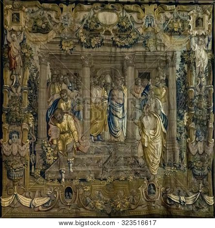 Como, Italy - April 16, 2019: Detail Of The Tapestry From Como Cathedral In Italy. Como Cathedral Is