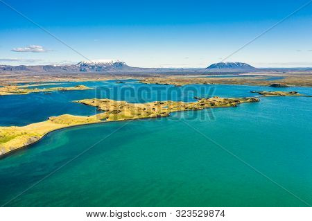 Volcanic Craters In Iceland Aerial View From Above, Myvatn Lake