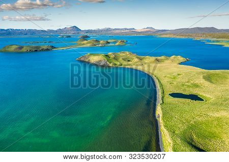 Volcanic Craters In Iceland Aerial View From Above, Myvatn Lake