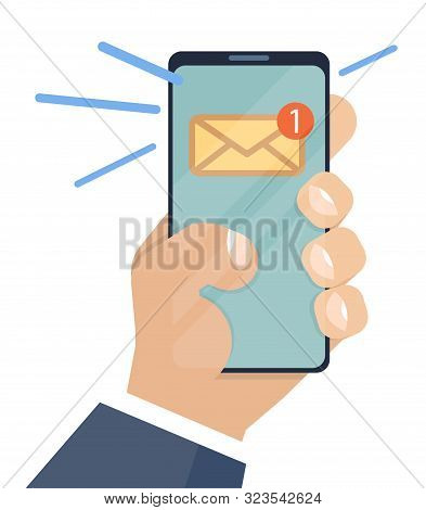 Email Notification On Smartphone And In Hand. Flat Illustration In Cartoon Style. Inbox Unread Mail,