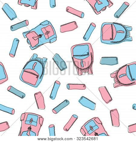 Pastel Colored Hand Drawn Seamless Pattern Made Of Backpacks And Pencil Cases. Vector Illustration W