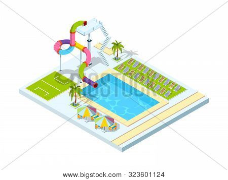 Pool Hotel. Recreation Area Resort Vacation Water Slide Park Vector Isometric Illustration. Resort P