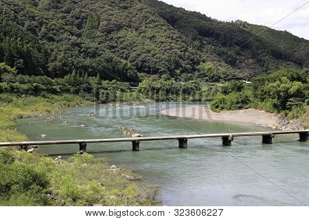 Nagaoi Low Water Bridge On Shimanto River In Kochi, Japan