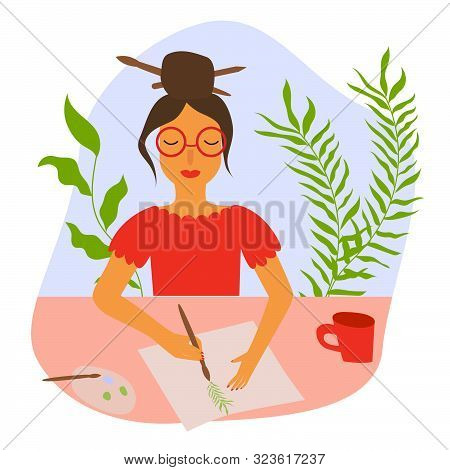 Female Painter, Artist, Illustrator In Work Process. Creative Women Makes Drawing, Illustration With