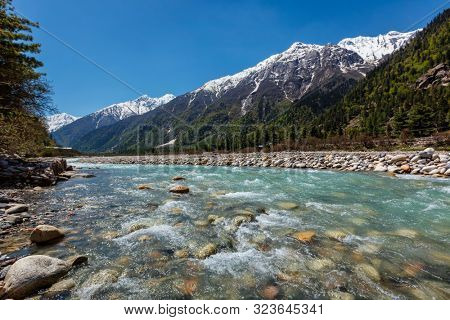 Baspa river in Himalayas mountains. Sangla Valley, Himachal Pradesh, India