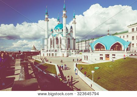 Kazan, Russia - September 08, 2019: Kul Sharif Mosque Is The Main Symbol Of Kazan And Touristic Attr