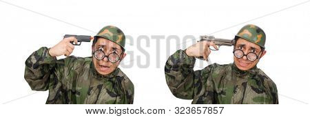 Military man with a gun isolated on white