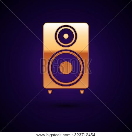 Gold Stereo Speaker Icon Isolated On Dark Blue Background. Sound System Speakers. Music Icon. Musica