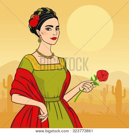 Mexican Woman With A Rose On A Desert With Cactus Background.