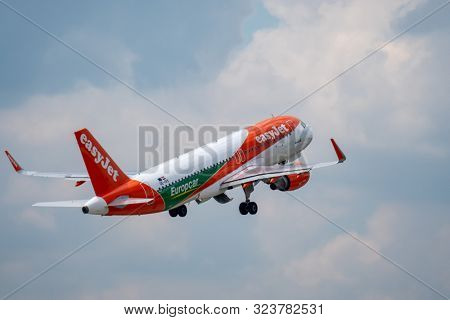 Zurich, Switzerland - July 19, 2018: EasyJet Airline Company airplane taking off. EasyJet Airline Company Limited is a British low-cost carrier airline headquartered at London Luton Airport