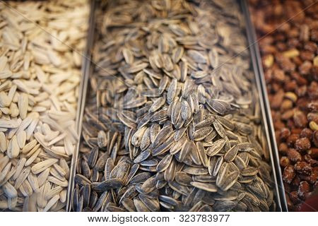 Salted And Dried Seeds On The Counter In The Market.