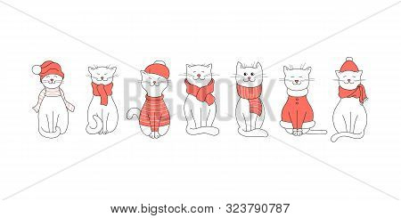 Vector Winter Set With Cute Cats In Clothes. White Cats In Hats, Scarves And Sweaters On A White Bac