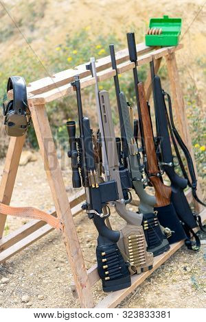 Bolt Rifles At The Shooting Range. Caliber 308, 223 And 22. Concept For A Rifle School, Shooting Cou